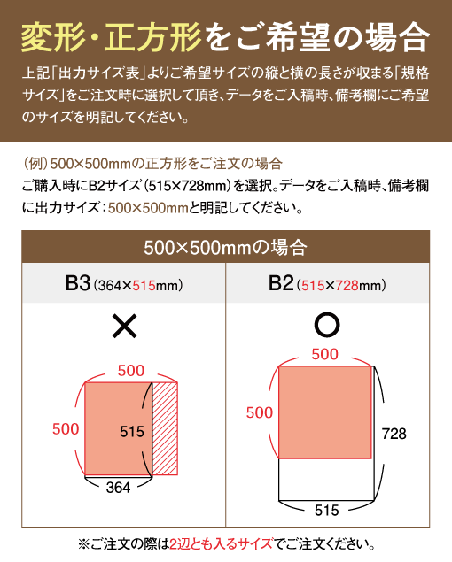 出力サイズ表より仕上がりサイズが収まる「規格サイズ」をご注文して頂き、データ入稿される際、備考欄にご希望のサイズを明記してください。